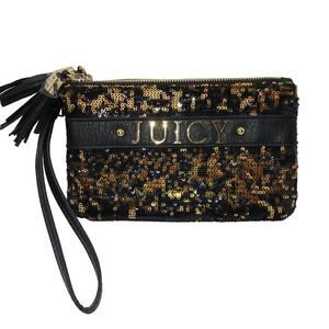 Juicy Couture Wristlet Bag Purse Gold & Black Sequins Tassels Kohls Colab 8x5 in